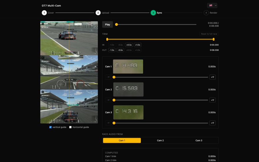 The Sync step: three GT7 replay angles stacked, each with its on-screen timer magnified for alignment.